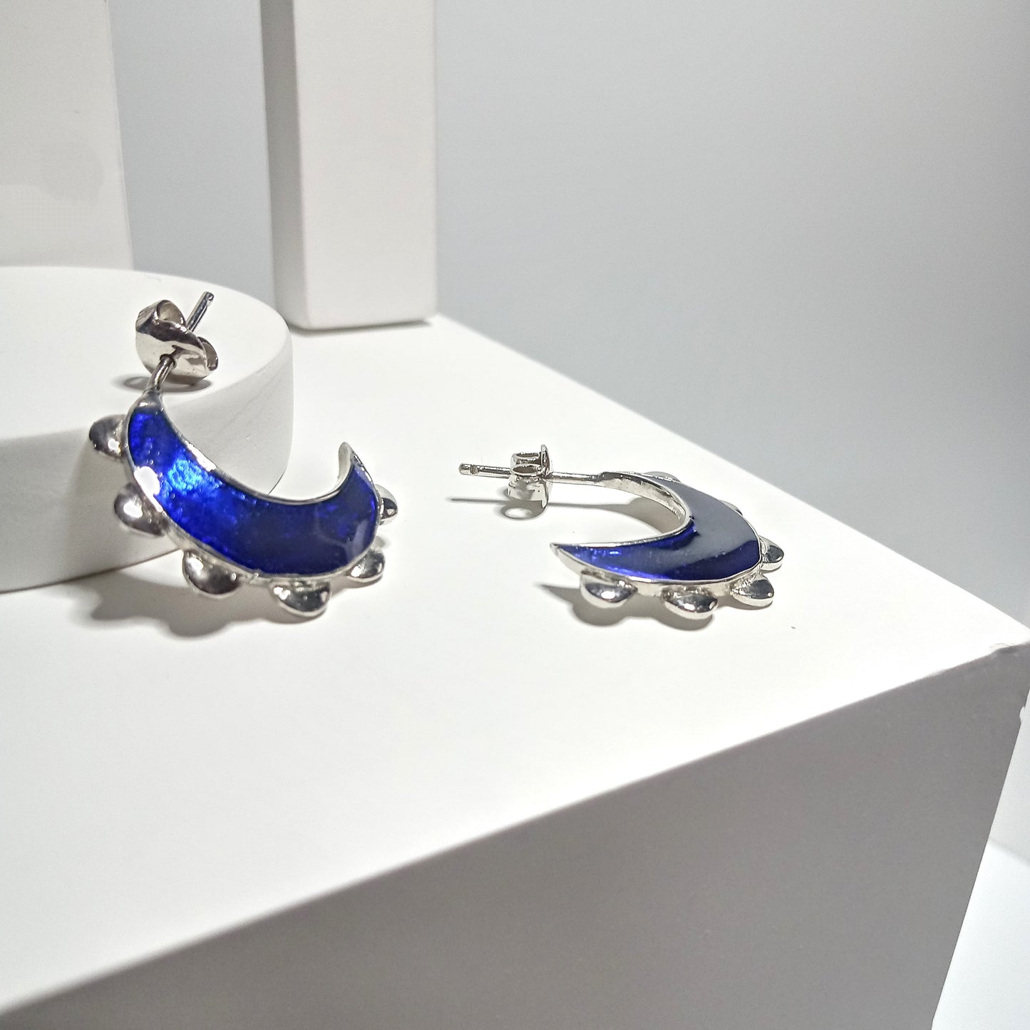 Blue Flower Moon Silver Earring
