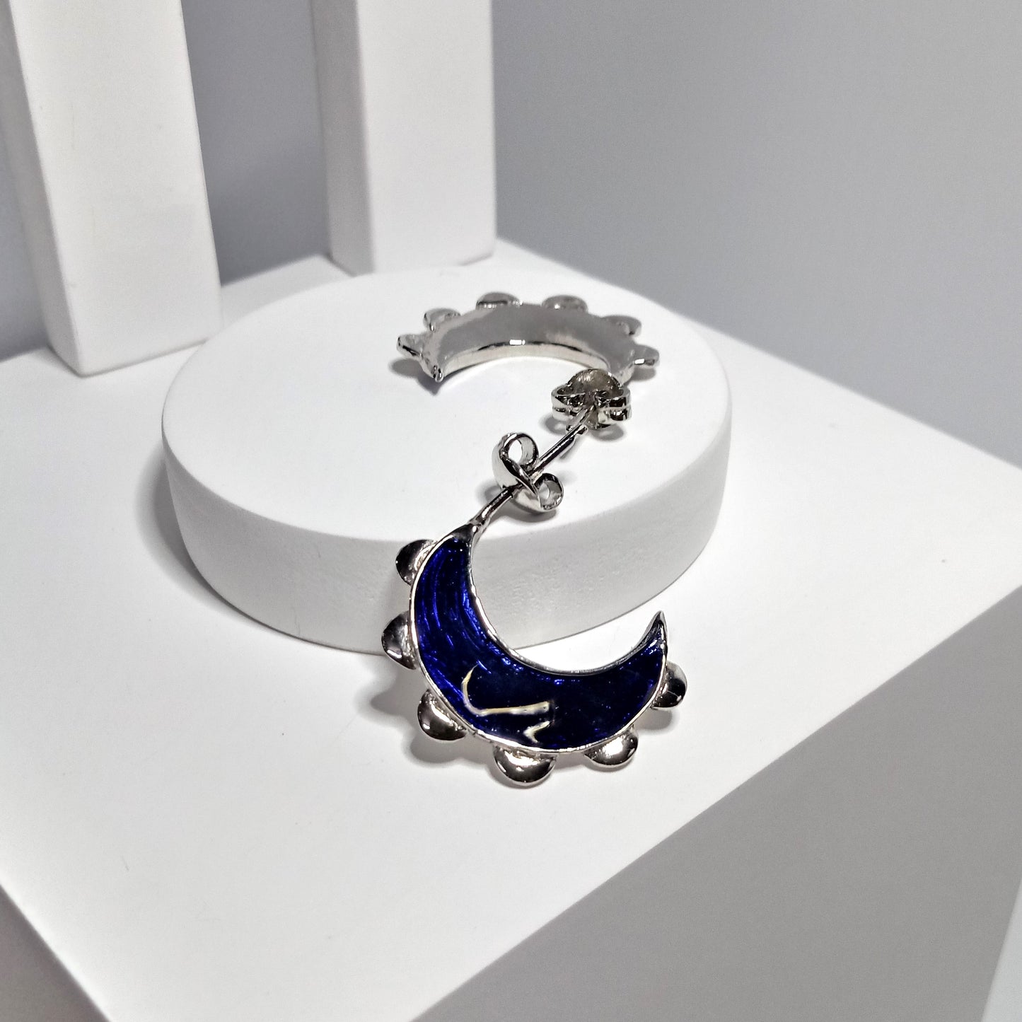 Blue Flower Moon Silver Earring