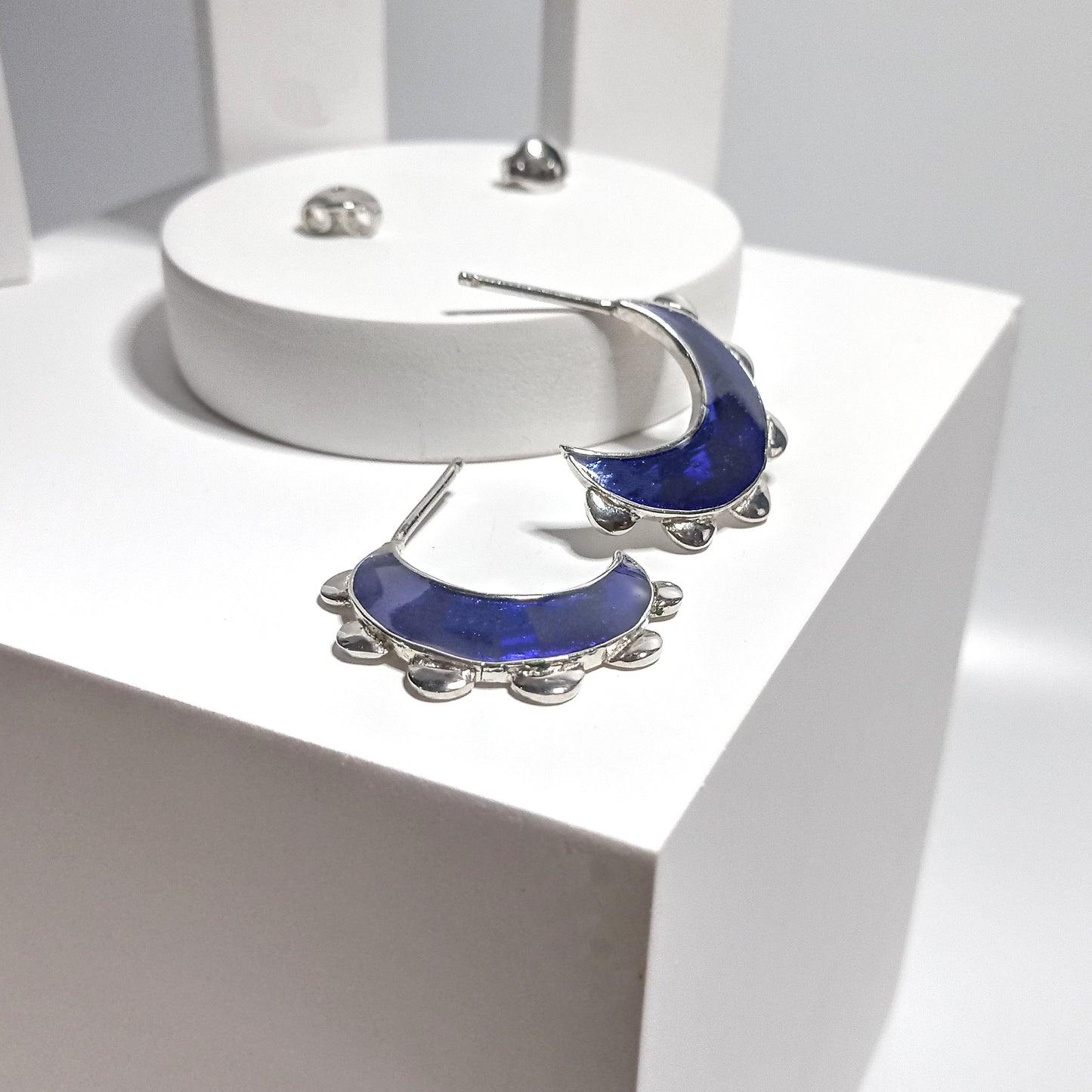Blue Flower Moon Silver Earring