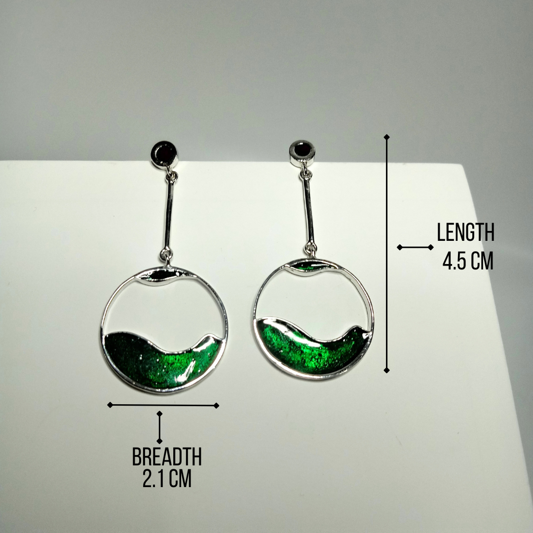 Enamel Green Wave Drop Silver Earring