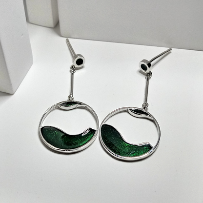 Enamel Green Wave Drop Silver Earring